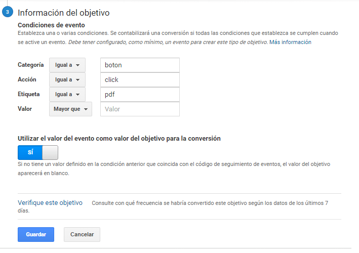 crear un objetivo de Analytics