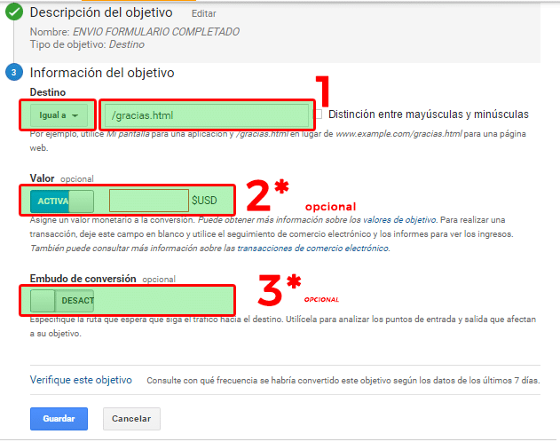 crear un objetivo de Analytics